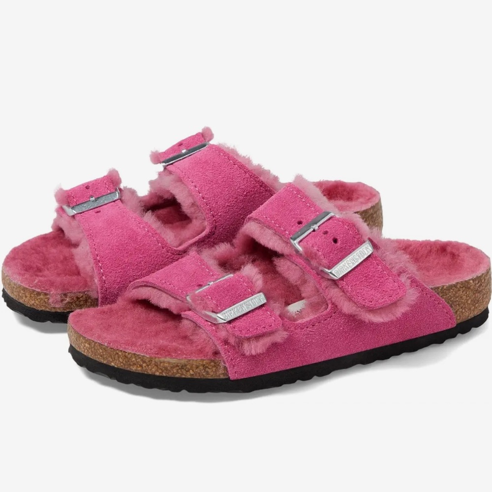 Birkenstock Arizona Shearling Fur Fuzzy Hotpink Sandals‎ Slides Buckle 36